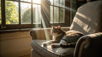 A cat sitting on a chair in front of a window photo