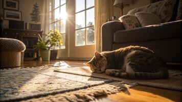 A cat laying on a rug in front of a window photo
