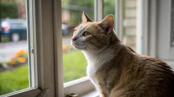 A cat sitting on a window sill looking out photo