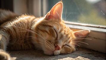 An orange cat sleeping on a window sill photo