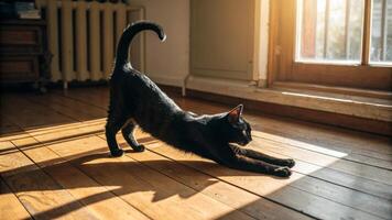 A black cat is standing on the floor in front of a window photo