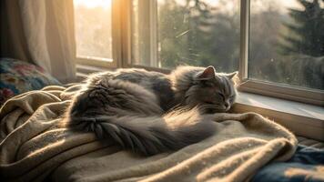 A cat is sleeping on a blanket by the window photo