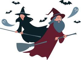 Witch Wizard Halloween Broomstick Flight Ghosts vector