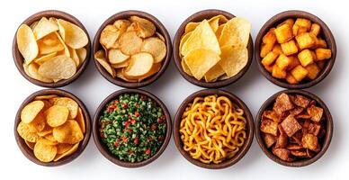 Assorted Crispy Snacks In Wooden Bowls Arranged Neatly photo