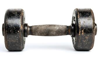 A well worn vintage dumbbell rests on white photo