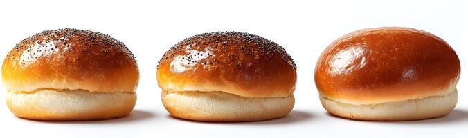 Three delicious baked bread rolls displayed in a row photo