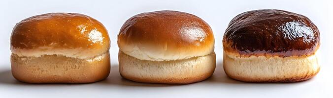 Three Glazed Bread Rolls Arranged in a Row photo