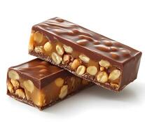 Two Chocolate Caramel Peanut Bars Stacked Together photo