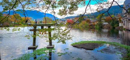 Lake Kinrin, also known as dakenshitanike, or the lake at the base of the mountain Yufu-dake in Yufuin, Oita, Kyushu, Japan photo