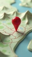 Red location pin pointing destination on three-dimensional map photo