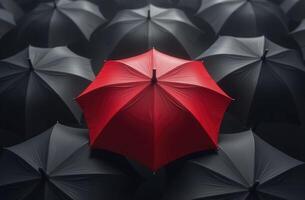 Red umbrella standing out from crowd of black umbrellas photo