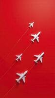 White airplane models flying in formation on red background photo