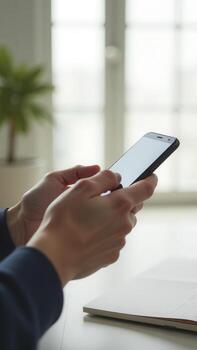 Office worker using smartphone, browsing internet, checking social media or typing text message photo
