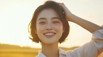 Young woman smiling and touching hair in golden sunset light photo