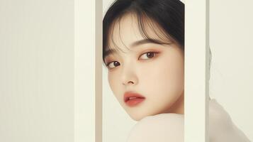 Beautiful asian model posing between white panels, showing makeup and hairstyle photo