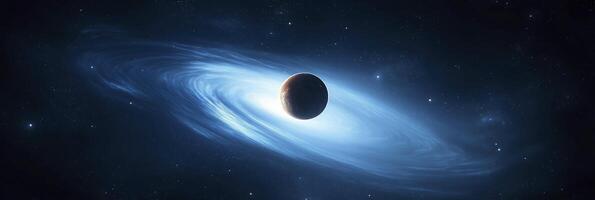 Lonely planet orbiting a bright blue galaxy photo