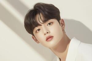 joven kpop ídolo posando en de moda blanco chaqueta de sport y suave Encendiendo foto