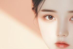 Woman showing half face with brown eyes and peach background photo