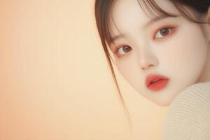 Beautiful young woman with peachy makeup posing on peach background photo