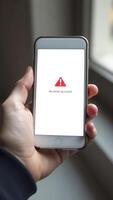 Hand holding smartphone displaying error message on screen. photo