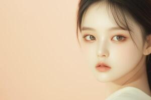 Young woman with peach-colored makeup posing on peach background photo