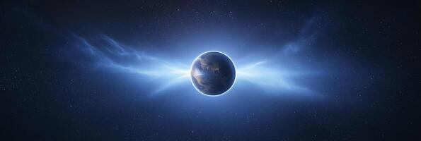 Planet earth glowing in the deep space surrounded by nebulae and stars photo