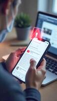 Warning about the use of virtual screen technology on smartphones, cyberattacks on networks or malicious software. Cyber Security and Crime, Compromised Internet Data, Privacy, Data Breach, Hacker photo