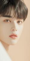 Young male model posing with soft lighting and delicate makeup photo
