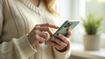 GenWoman using smartphone at home, relaxing with mobile technology.erated image photo