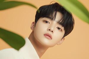 Young man posing with tropical leaves in studio photoshoot photo