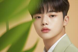 Young man posing with tropical leaves and beige background photo
