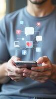 Man using social media and digital online, man using smart phone with Social media. concept of living on vacation and playing social media. online marketing, technology network concept. photo