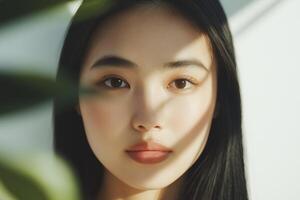 Beautiful asian woman posing with natural light and green leaves photo