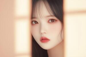 Beautiful asian woman hiding and posing behind a wall with light reflections photo