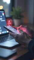 Warning about the use of virtual screen technology on smartphones, cyberattacks on networks or malicious software. Cyber Security and Crime, Compromised Internet Data, Privacy. Data Breach, Hacker. photo