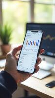 Businessman using smartphone app to analyze financial charts and data, working remotely from home office photo