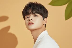Handsome korean model posing in studio with leaf shadows photo