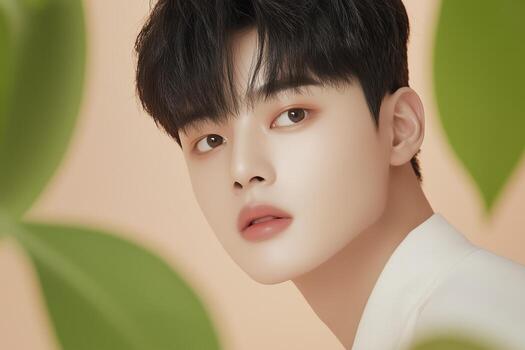 Young man posing with plants in background showing serenity and wellness photo