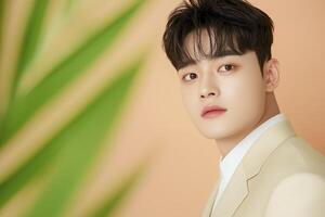 Young businessman posing in stylish beige suit with tropical background photo
