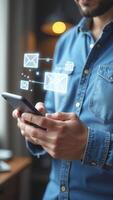 Man using smartphone with digital email icons photo
