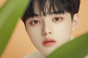 Young korean model posing with tropical leaves in studio photoshoot, photo