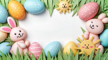 Spring Easter Celebration Border with Decorated Eggs and Cute Pastel Bunny Characters photo