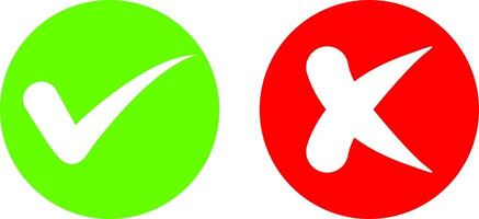Green check mark and red cross mark in circle, yes or no checkmark, right and wrong button, checklist and Crossmark, x or confirm and deny, illustration, correct incorrect. vector