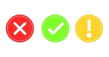 Green check mark and red cross mark in circle, exclamation mark, yes or no checkmark, right and wrong button, checklist and Crossmark, x or confirm and deny, illustration, correct incorrect. vector