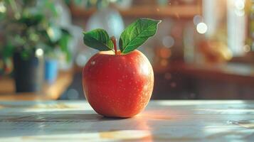 A red apple sitting on a table with a leaf photo