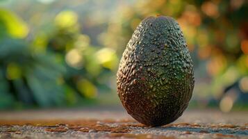 close-up of an avocado on a table with blurry background photo
