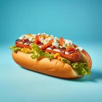 A hot dog with cheese, lettuce and tomatoes on a blue background photo