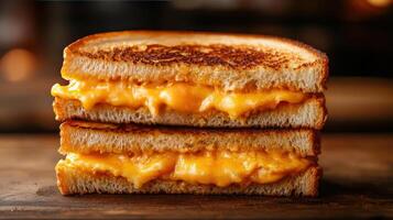A grilled cheese sandwich with melted cheese between two slices of bread. photo