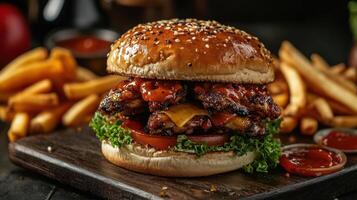 A juicy burger on a sesame seed bun with cheese and lettuce. photo