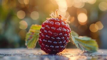 A close-up of a raspberry on a table. photo